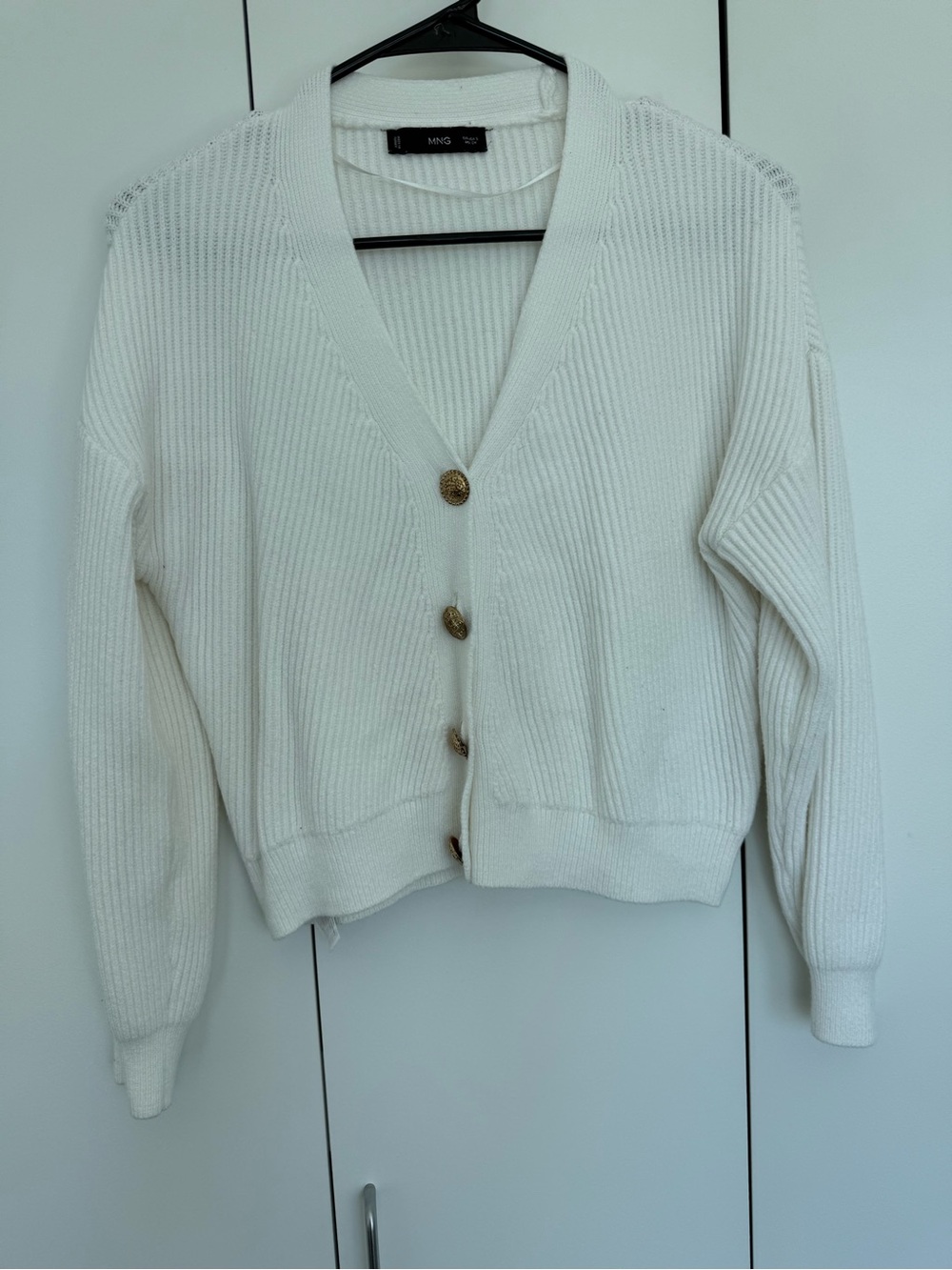 Mango White Ribbed V-Neck Button Cardigan
